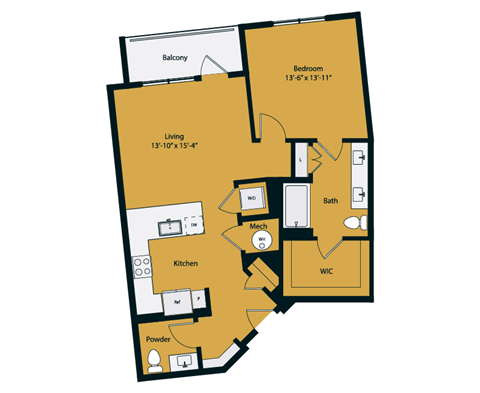 Floor plan for 1 bed, 1 bath, 927 sqft
